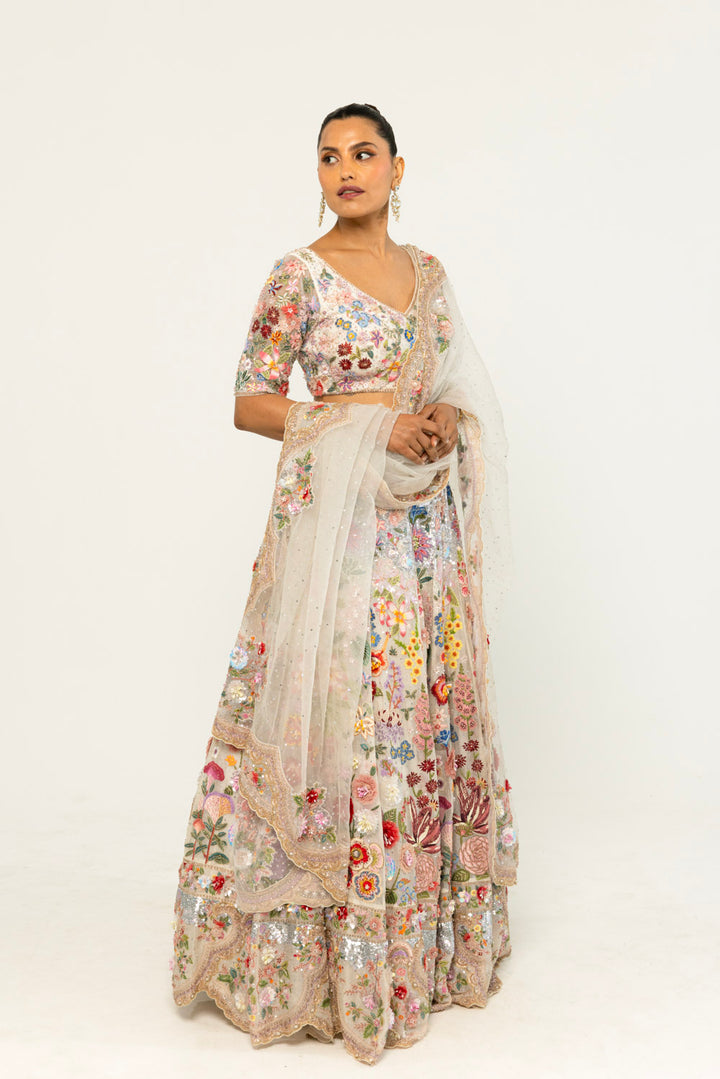 Himadri Hand-Embroidered Lehenga Set in Ivory