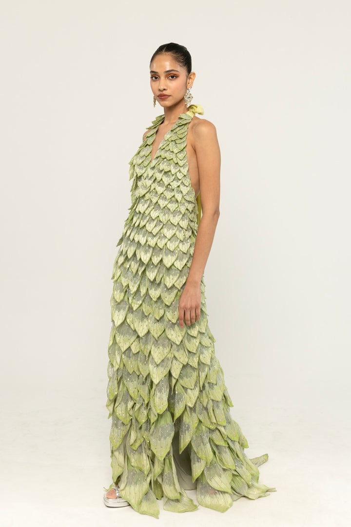 Medinilla Hand-Embroidered Gown in Mint