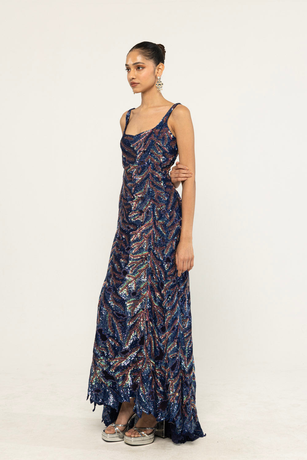 Textured Leaf Hand-Embroidered Gown in Navy