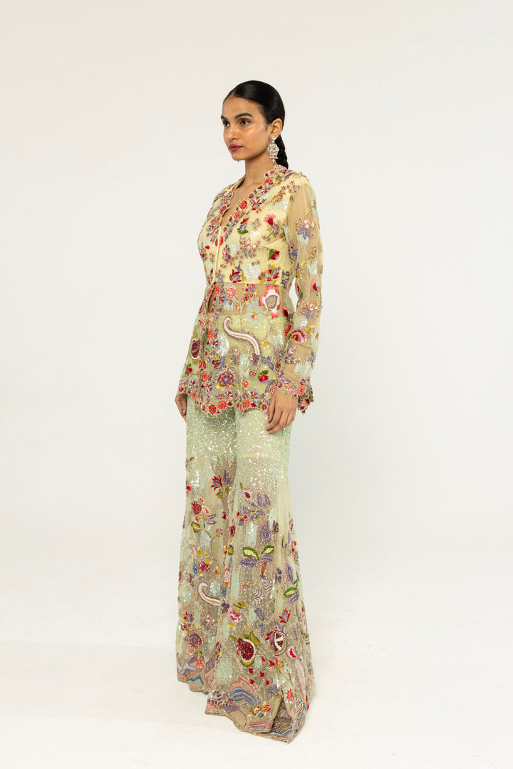 Anar Bel Hand-Embroidered Sharara Set in Apple Green
