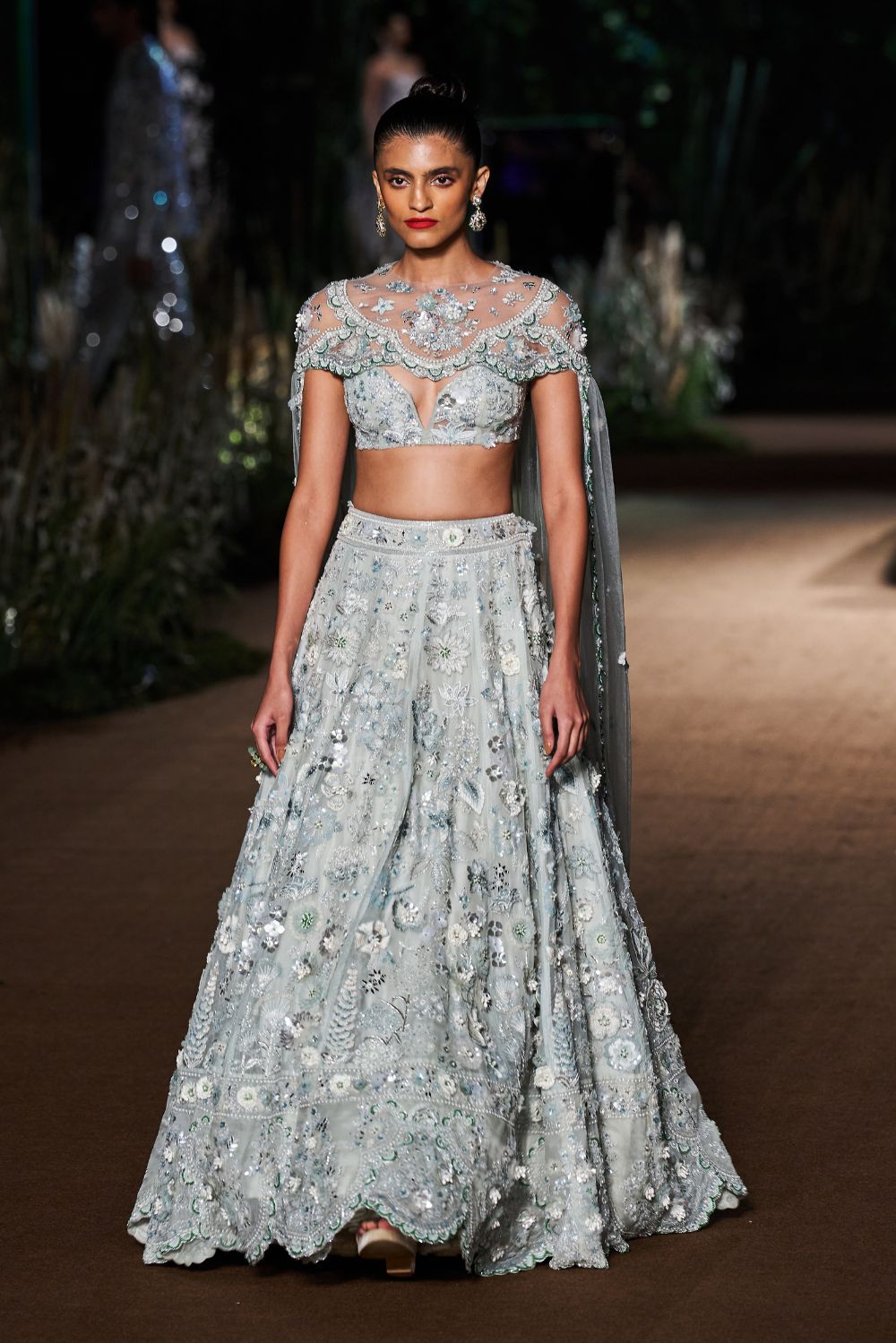 Himadri Silk Organza Lehenga Set with Hand-Embroidered Blouse and Cape in Mint