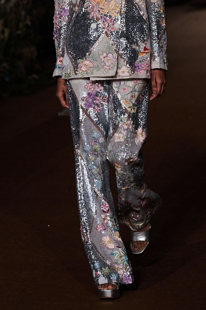 Sundarbans Silk Organza Jacket with Trousers in Ivory and Multi