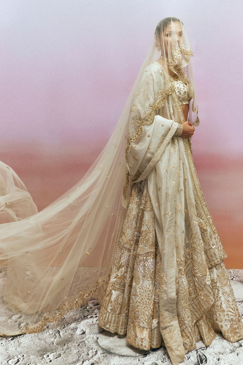 Jharokha Hand-Embroidered Lehenga Set with Blouse, Dupatta and Veil in Ivory