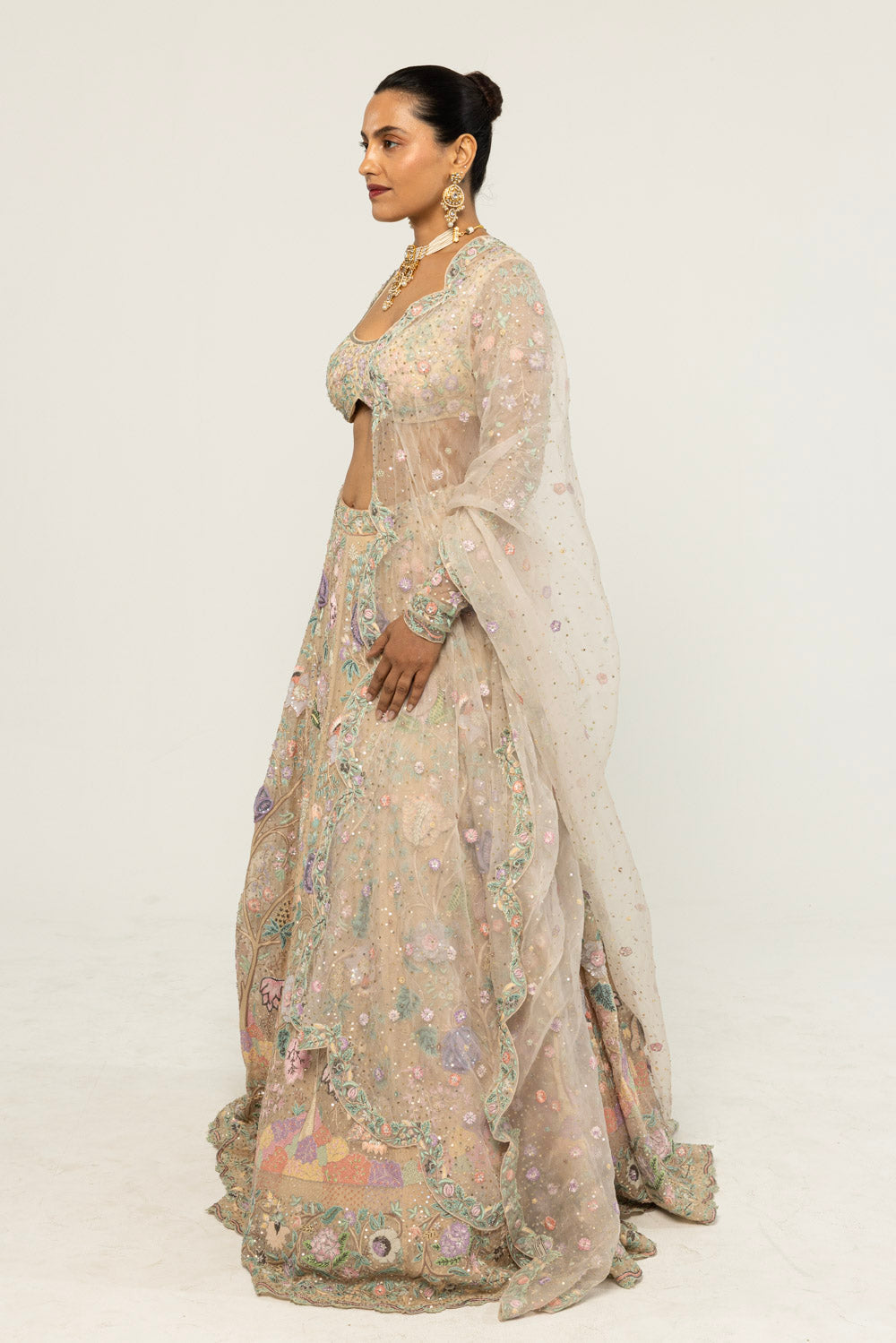 Chintz Hand-Embroidered Lehenga Set in Beige
