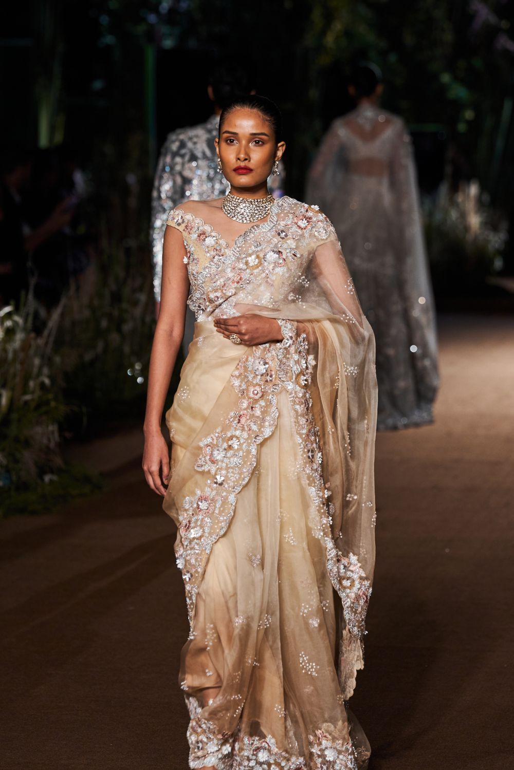 Himadri Ombré Hand-Embroidered Saree with Hand-Embroidered Blouse in Ivory and Beige Ombre
