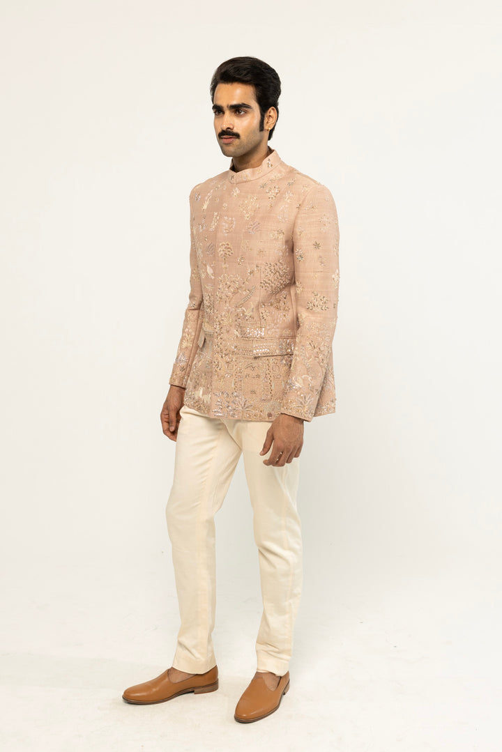 Navbhumi Hand-Embroidered Bandhgala in Pink and Gold