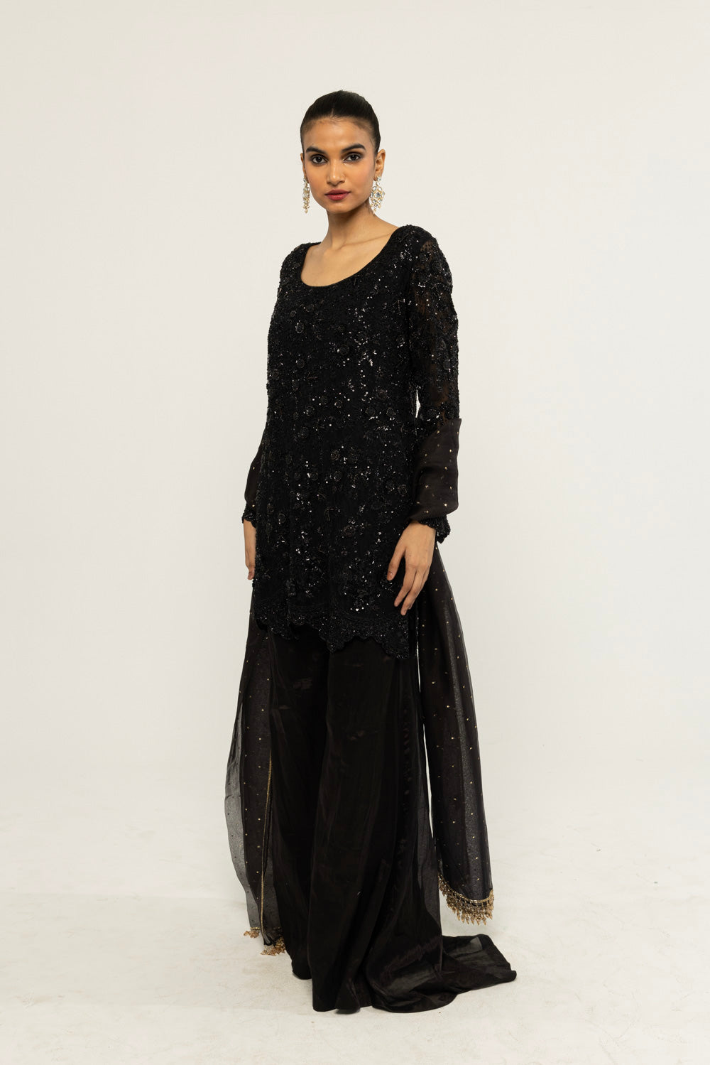 Himadri Hand-Embroidered Sharara Set in Black