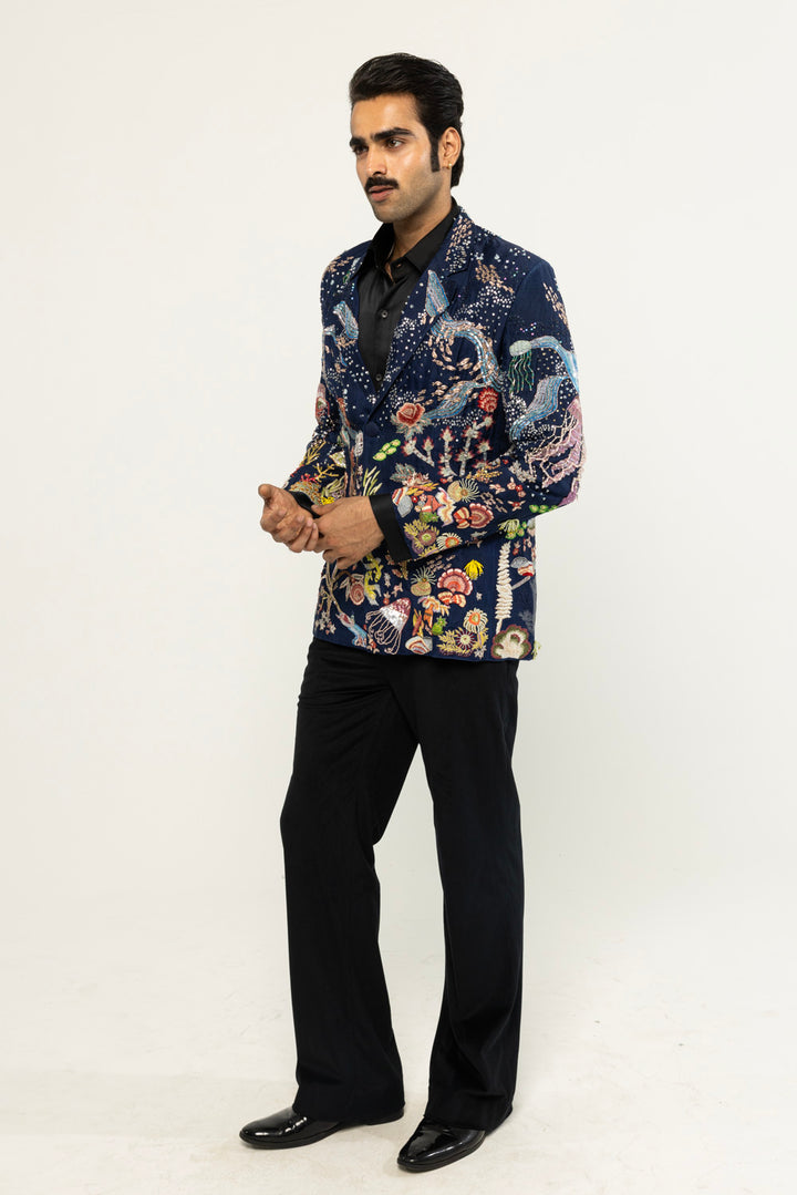 Cosmos Hand-Embroidered Jacket in Navy