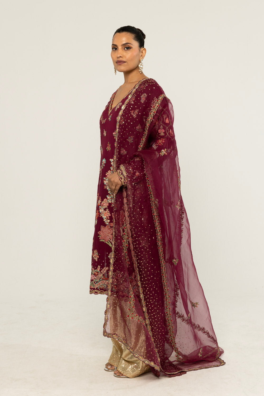 Chintz Hand-Embroidered Kurta Set in Burgundy