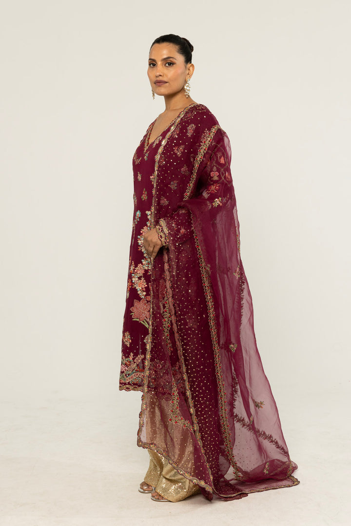 Chintz Hand-Embroidered Kurta Set in Burgundy