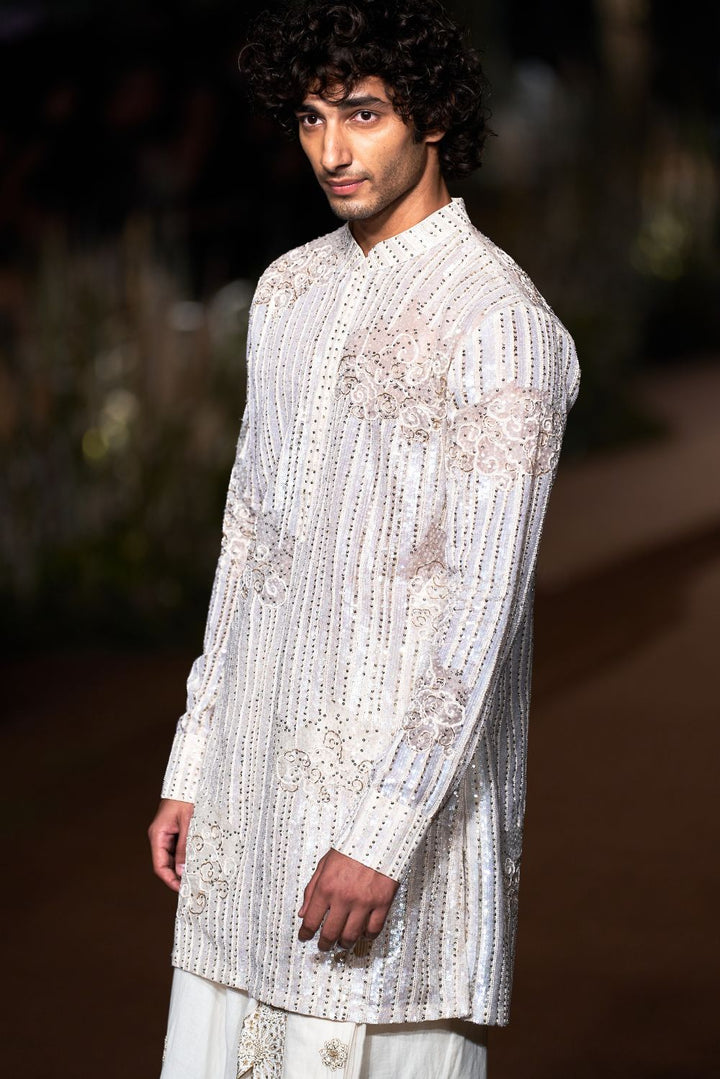 Navbhumi Silk Organza Kurta with Aaina Hand-Embroidered Drape Dhoti in Ivory