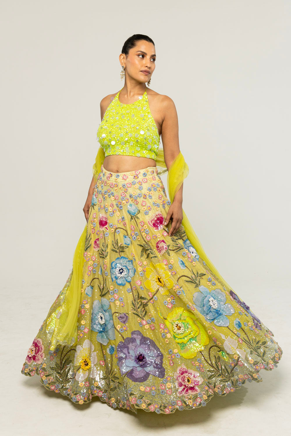 Peonies Hand-Embroidered Lehenga Set in Lime Ombre