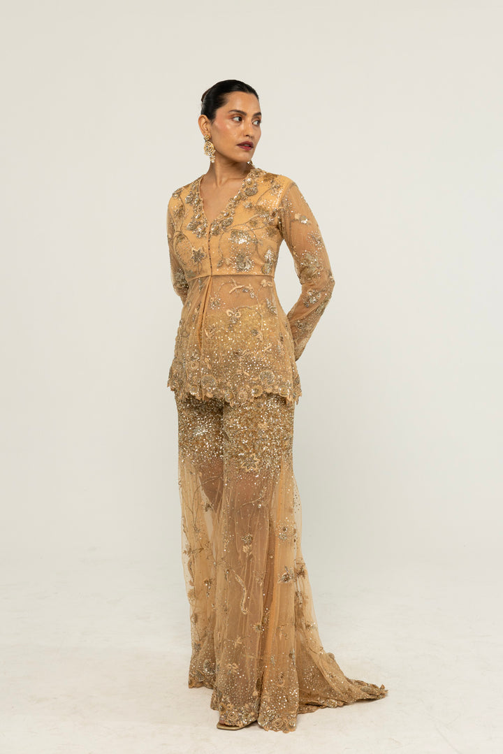 Anar Bel Hand-Embroidered Jacket Set in Nude