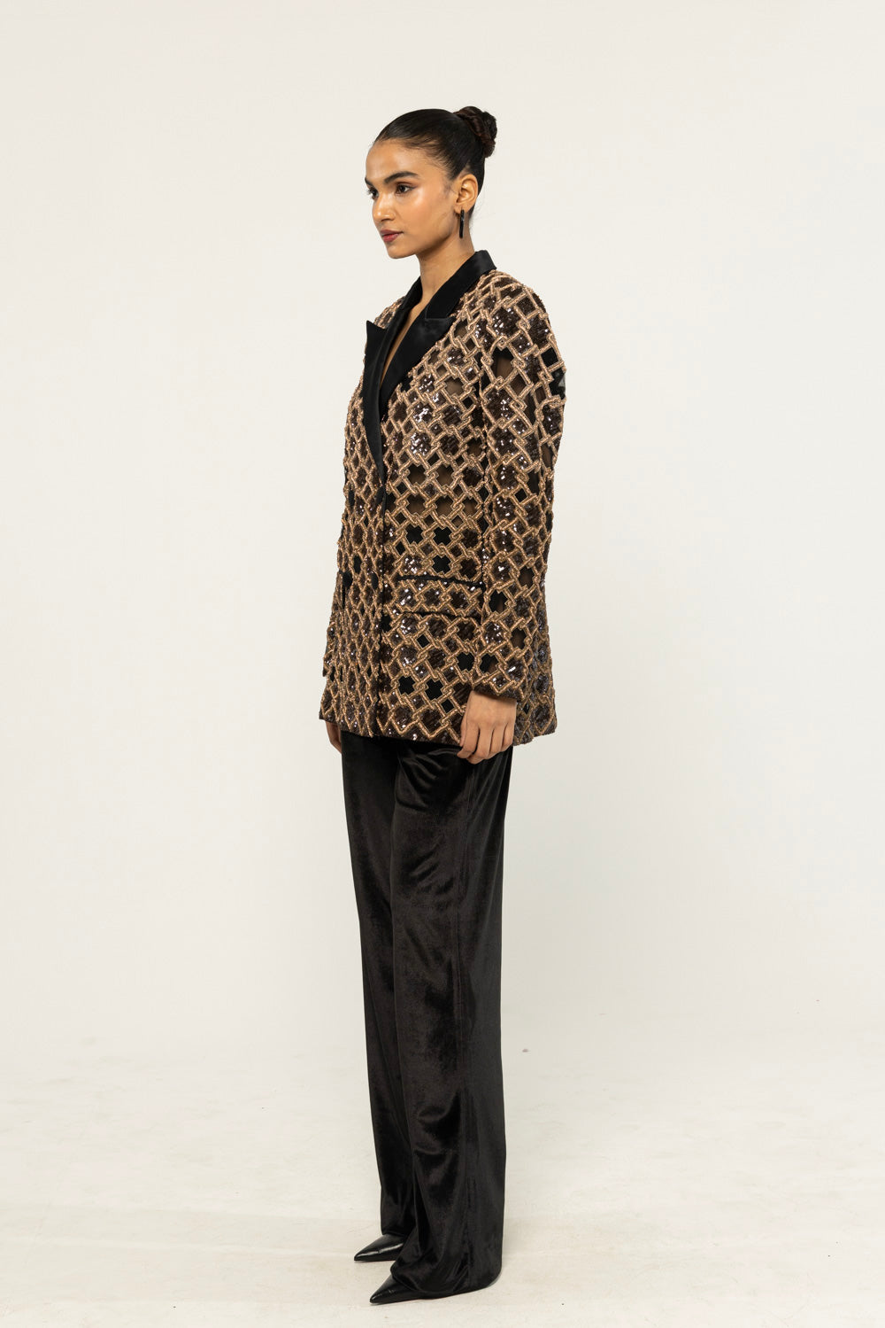 Lattice Hand-Embroidered Jacket in Black and Gold