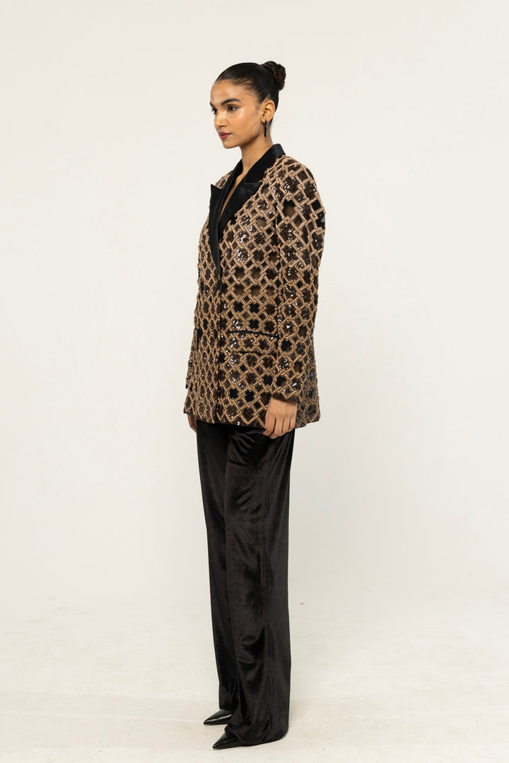 Lattice Hand-Embroidered Jacket in Black and Gold