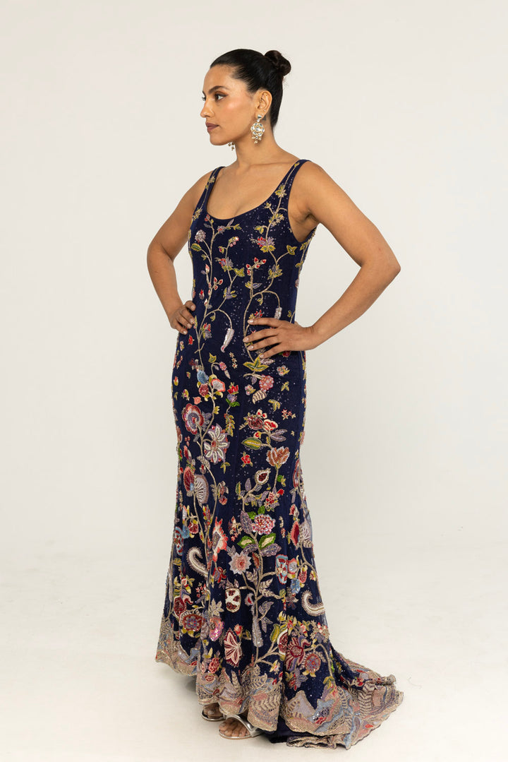 Anar Bel Hand-Embroidered Gown in Navy