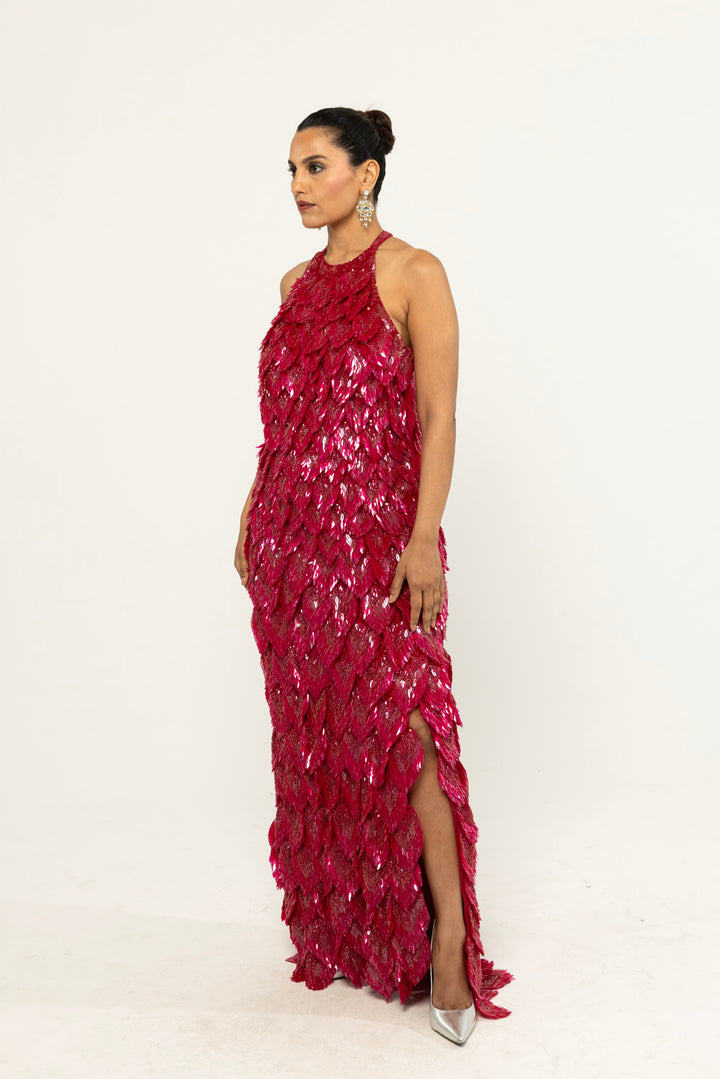 Iris Hand-Embroidered Gown in Ruby