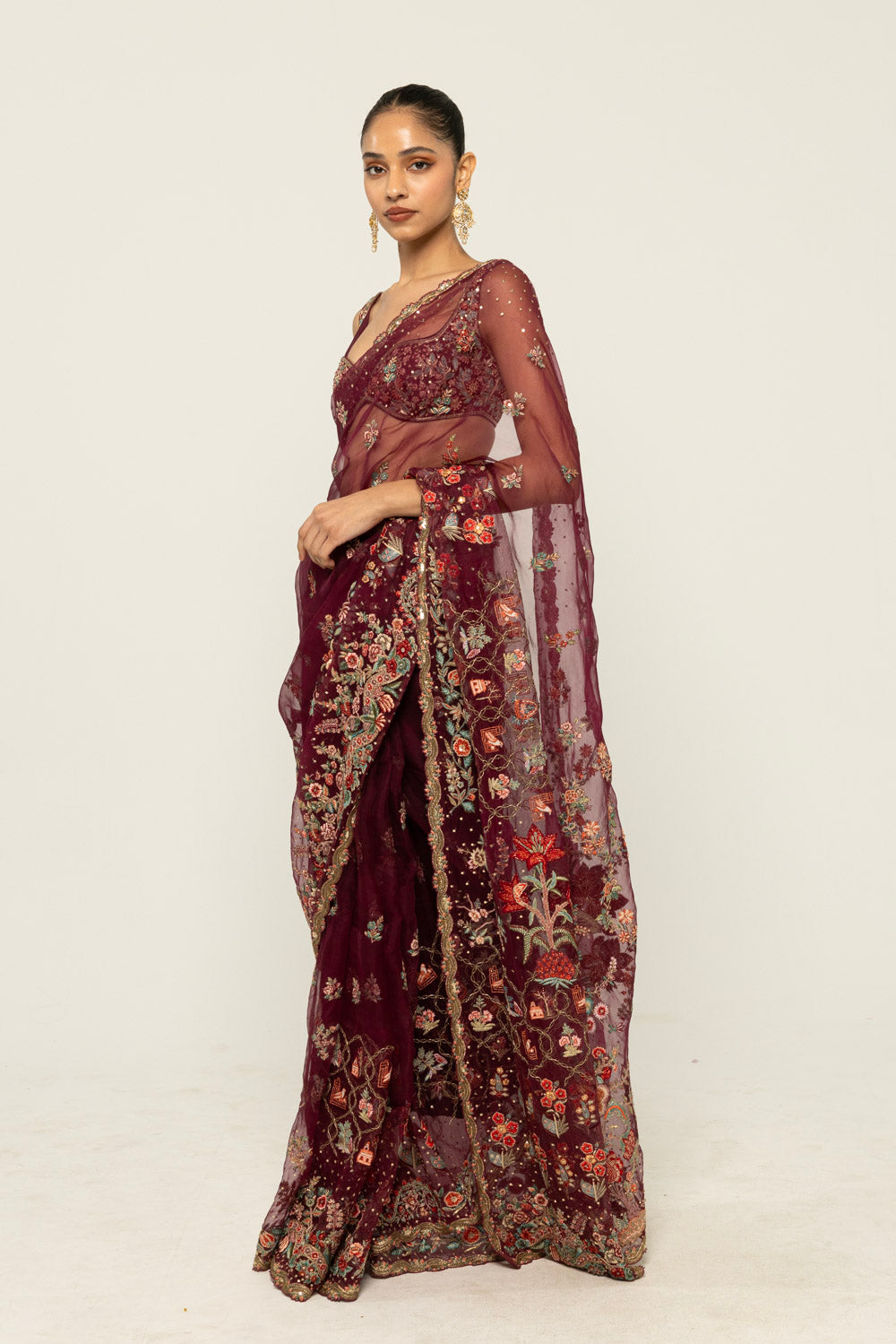 Chintz Hand-Embroidered Saree Set in Burgundy