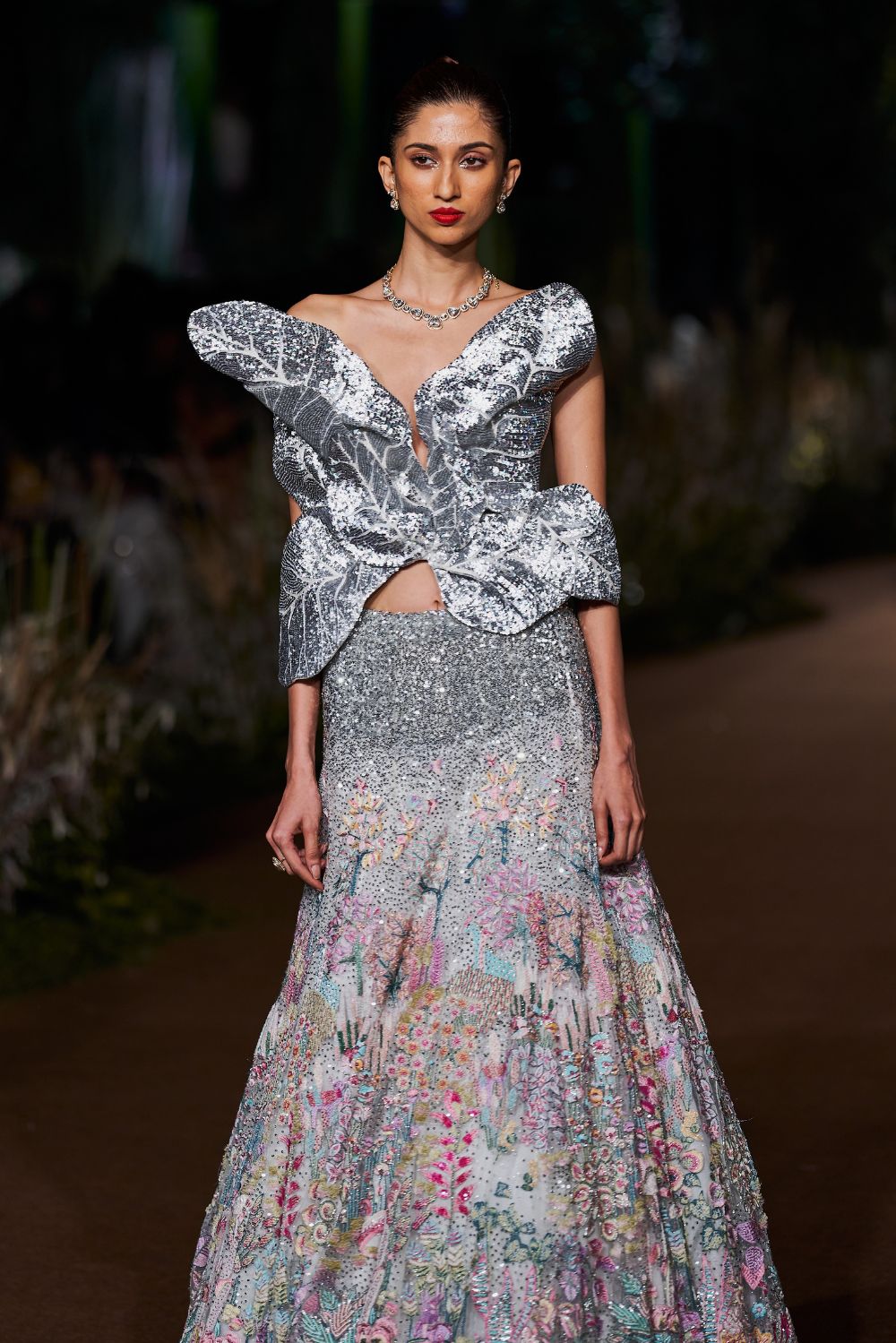 Verdure Silk Organza Lehenga with Iris Silk Organza Corset in Ivory, Multi, and Silver