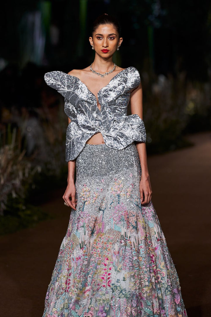 Verdure Silk Organza Lehenga with Iris Silk Organza Corset in Ivory, Multi, and Silver