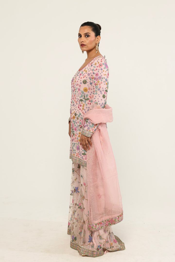 Haveli Hand-Embroidered Sharara Set in Lavender