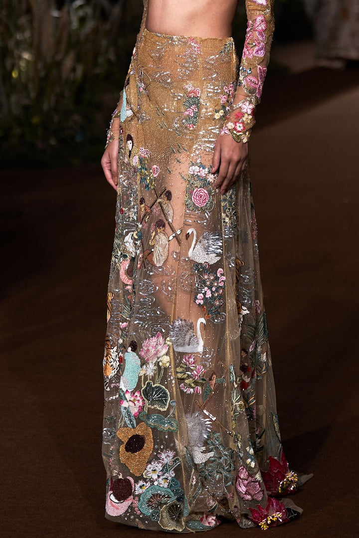 Sundarbans Hand-Embroidered Skirt with Blouse in Nude and Multi