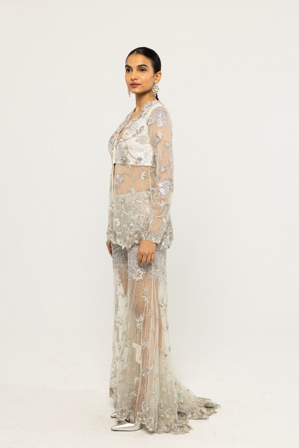 Anar Bel Hand-Embroidered Jacket Set in Ivory