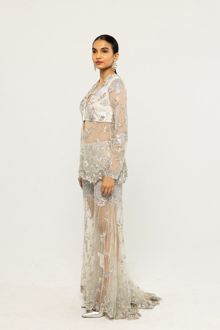 Anar Bel Hand-Embroidered Jacket Set in Ivory