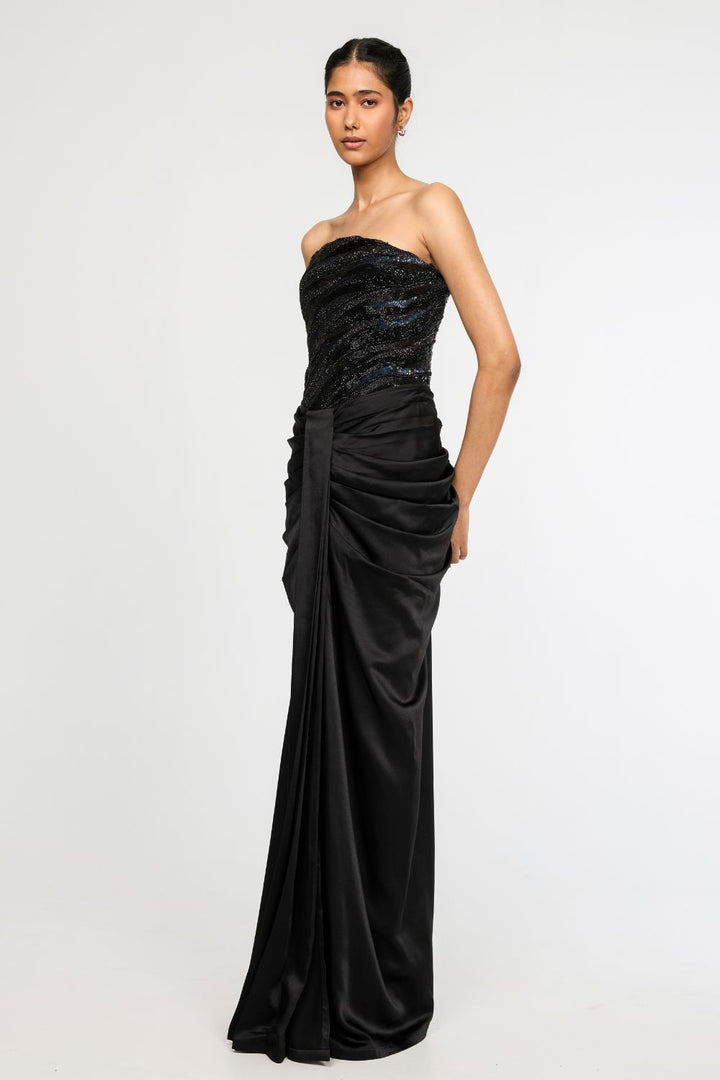 Surreal Space Black Embroidered Corset &amp; Classic Draped Skirt