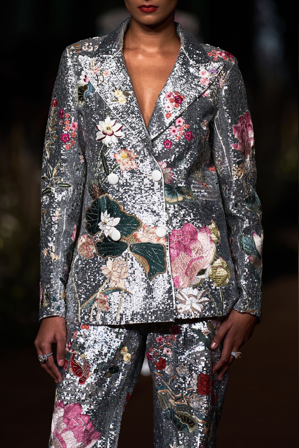 Padma Silk Organza Jacket with Trousers in Ivory and Silver