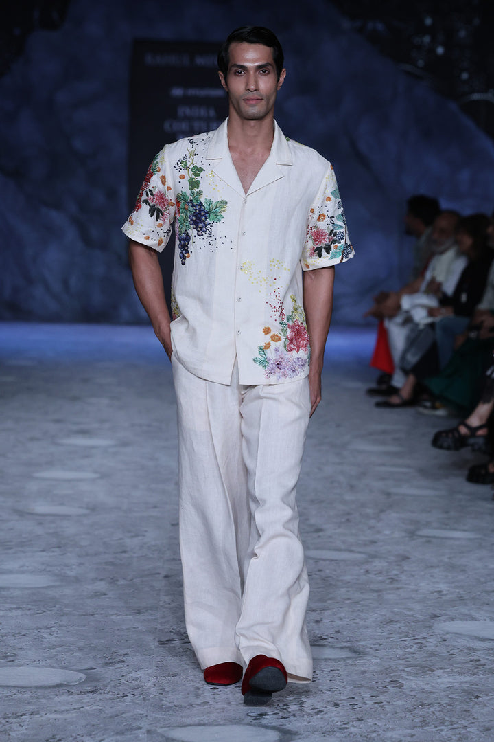 Bird Song Hand-Embroidered Shirt in Beige