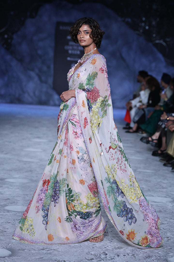 Bird Song 2X Hand-Embroidered Saree with 3D Hand-Embroidered Blouse in Blush Pink