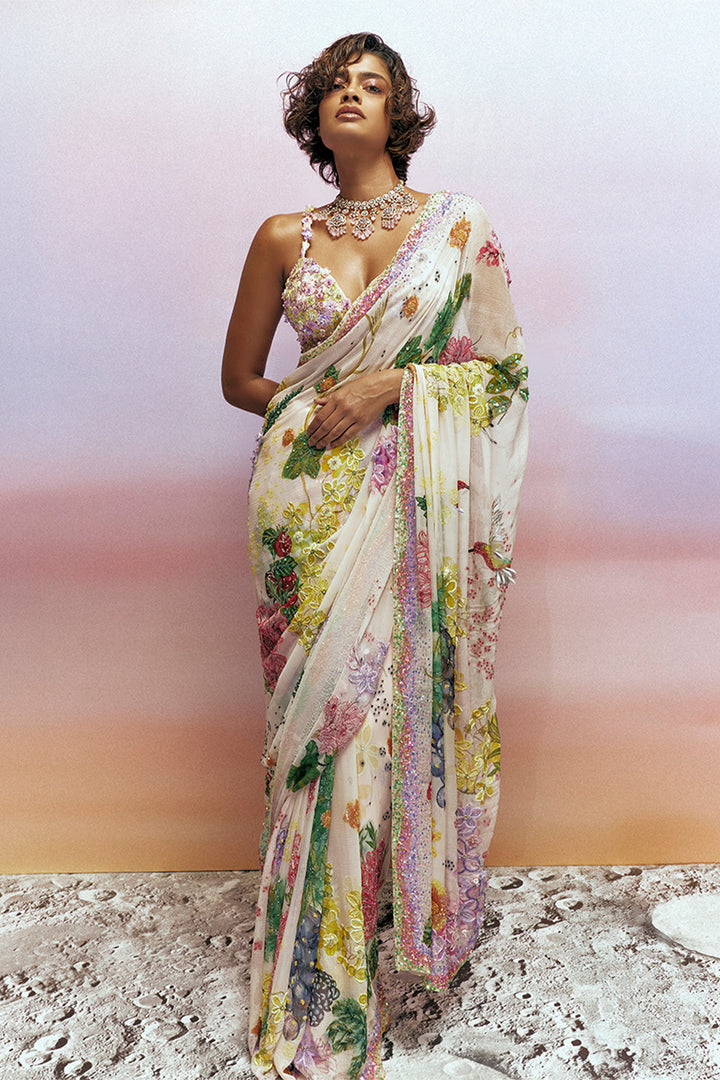 Bird Song 2X Hand-Embroidered Saree with 3D Hand-Embroidered Blouse in Blush Pink