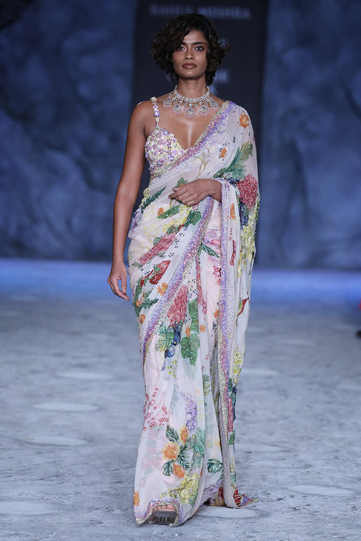 Bird Song 2X Hand-Embroidered Saree with 3D Hand-Embroidered Blouse in Blush Pink
