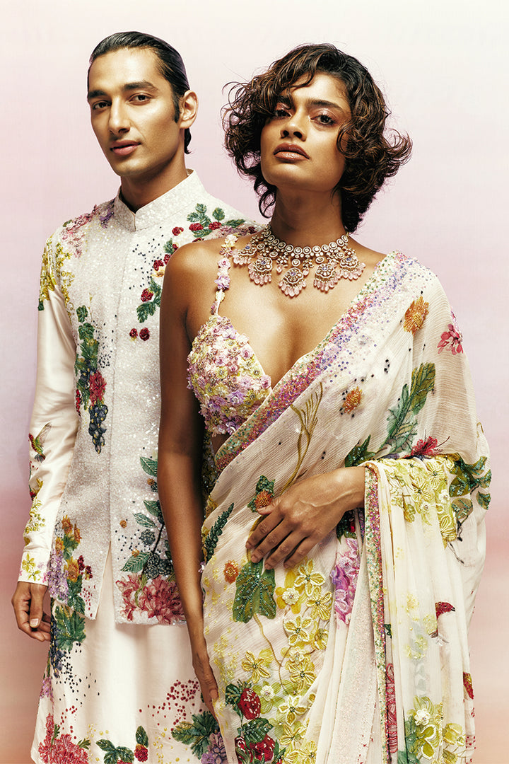 Bird Song Hand-Embroidered Bandi and Kurta Set in Ivory &amp; Blush Pink