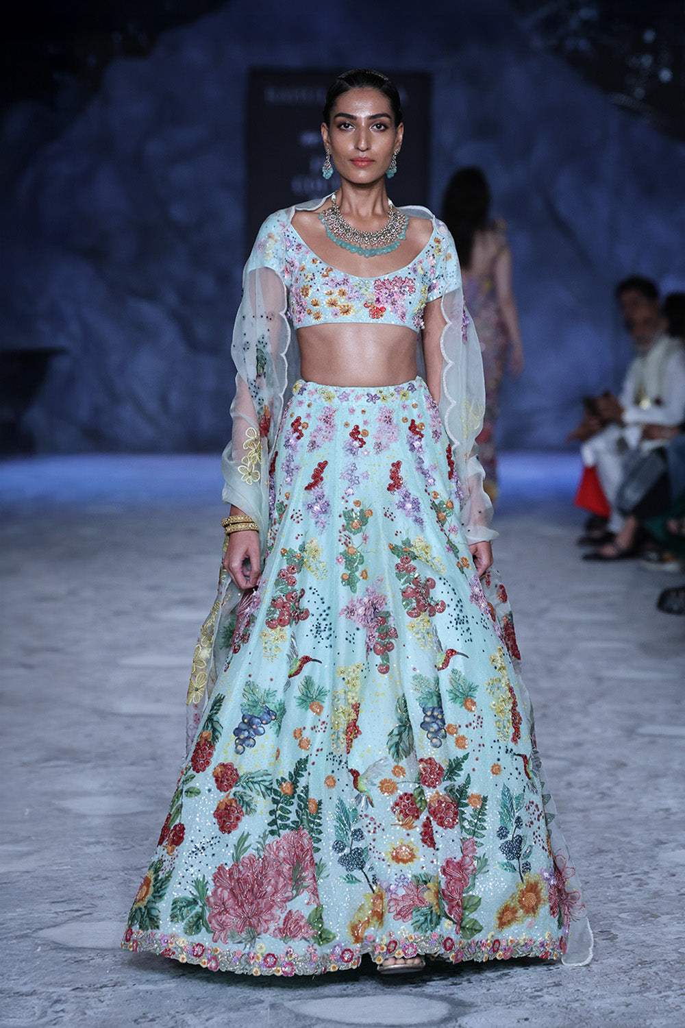 Bird Song 2X Hand-Embroidered Lehenga Set with Hand-Embroidered Blouse and Scalloped-Border Dupatta in Mint