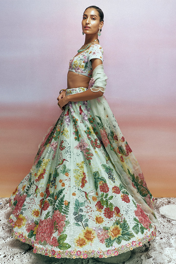 Bird Song 2X Hand-Embroidered Lehenga Set with Hand-Embroidered Blouse and Scalloped-Border Dupatta in Mint