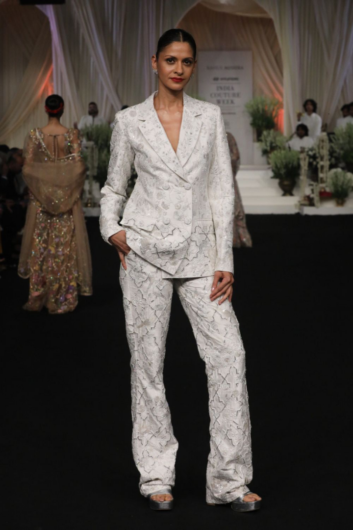 Birds Of Paradise Hand-Embroidered Jacket with Hand-Embroidered Trousers in Ivory