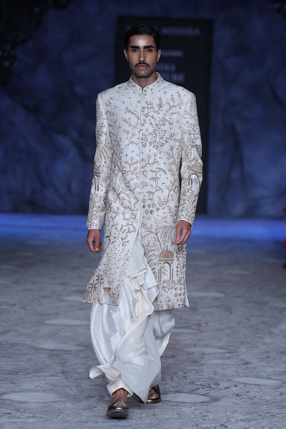 Jharokha Tonal Hand-Embroidered Sherwani Set with Kamarbandh &amp; Stole in Ivory