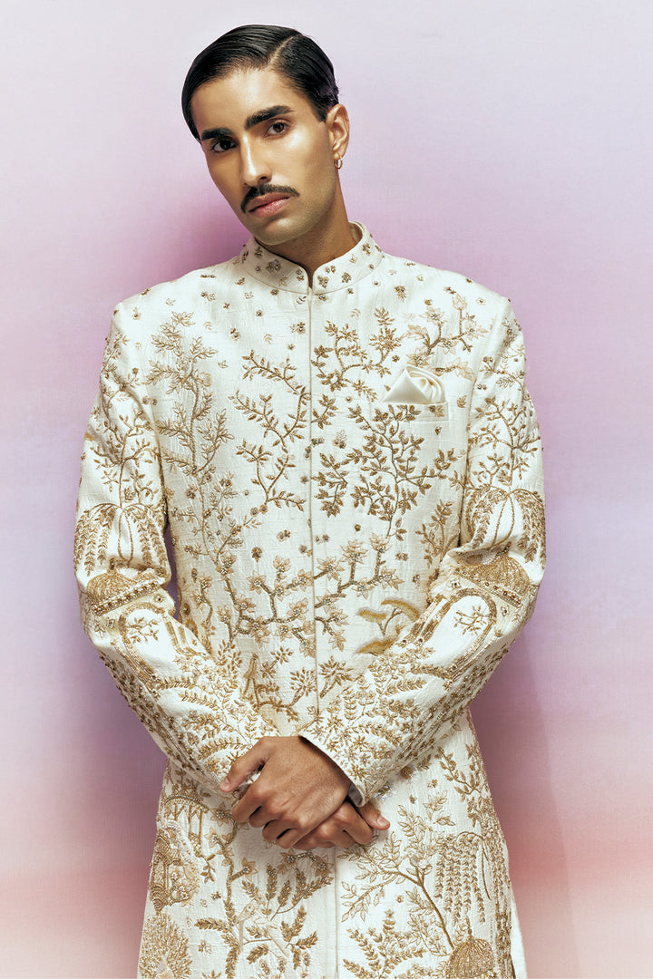 Jharokha Tonal Hand-Embroidered Sherwani Set with Kamarbandh &amp; Stole in Ivory