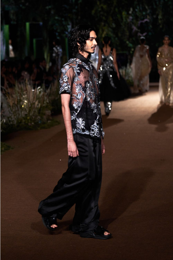 Sundarbans Hand-Embroidered Shirt with Sequinence Hand-Sequinned Trousers in Black and Grey