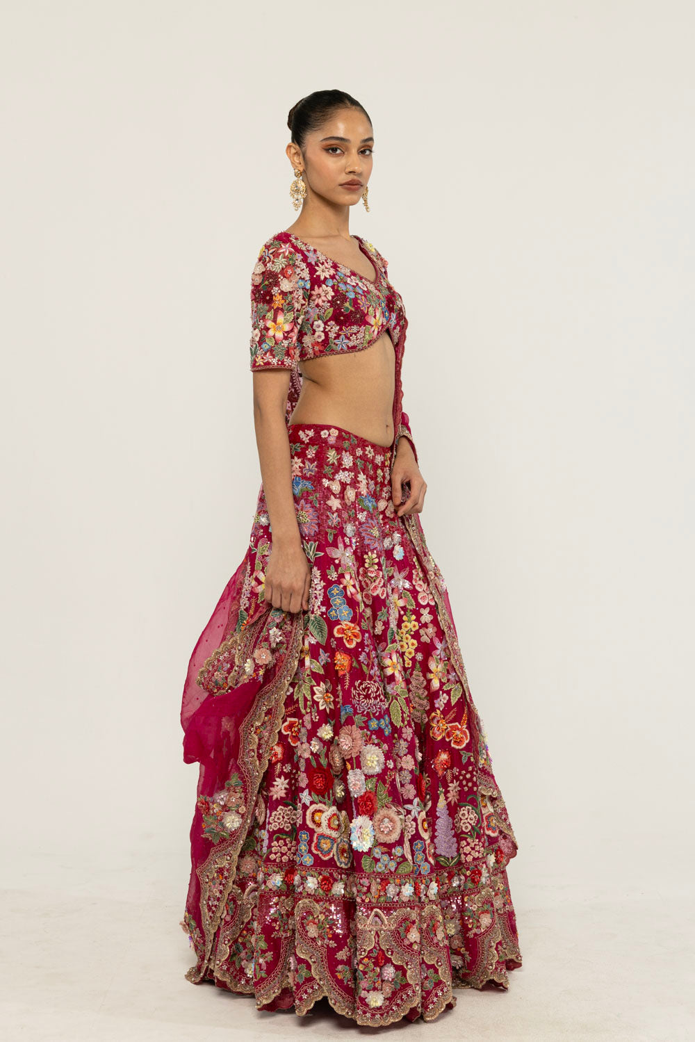 Himadri Hand-Embroidered Lehenga Set in Ruby