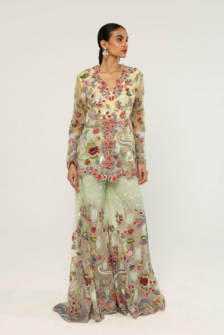 Anar Bel Hand-Embroidered Sharara Set in Apple Green