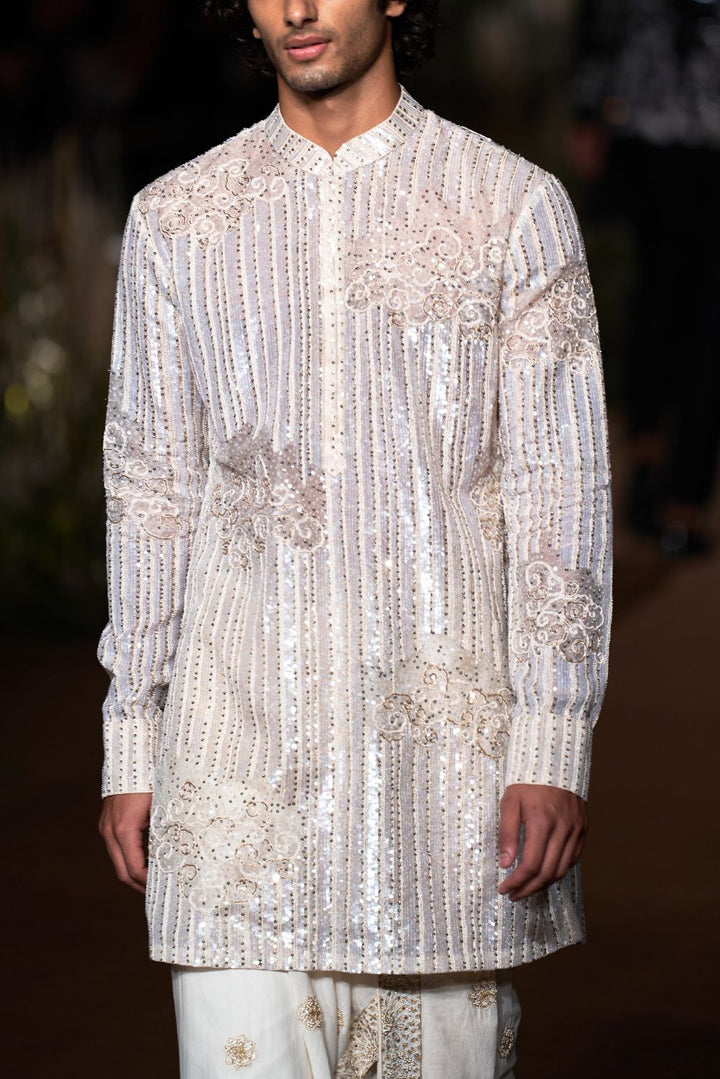 Navbhumi Silk Organza Kurta with Aaina Hand-Embroidered Drape Dhoti in Ivory