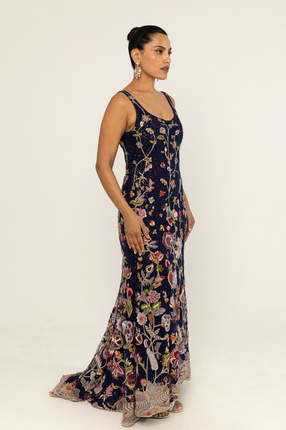 Anar Bel Hand-Embroidered Gown in Navy