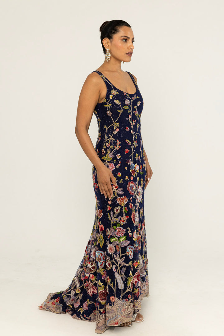 Anar Bel Hand-Embroidered Gown in Navy