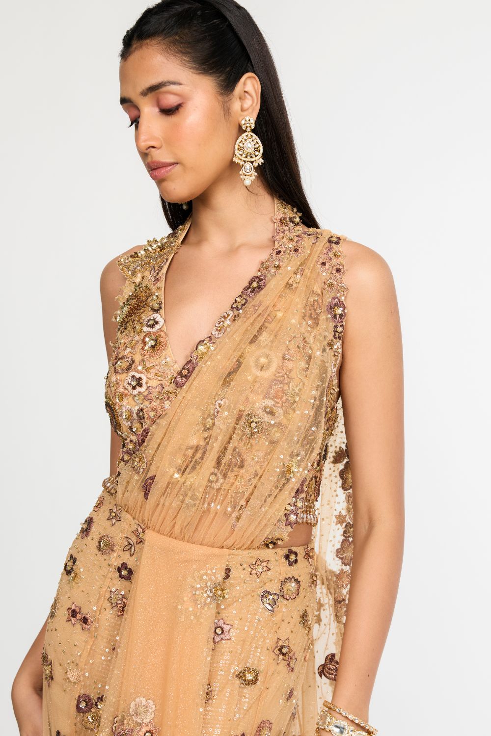 Garden Of Time Hand-Embroidered Blouse with Saree in Nude and Bronze