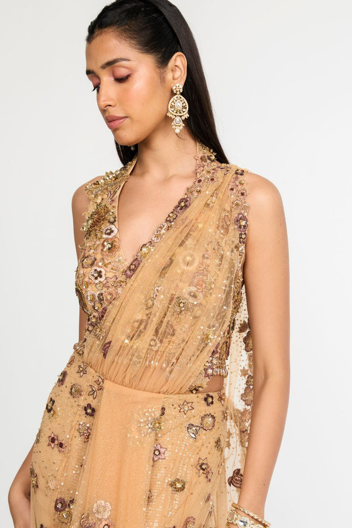 Garden Of Time Hand-Embroidered Blouse with Saree in Nude and Bronze