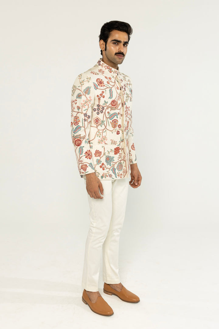Chintz Hand-Embroidered Bandhgala in Ivory
