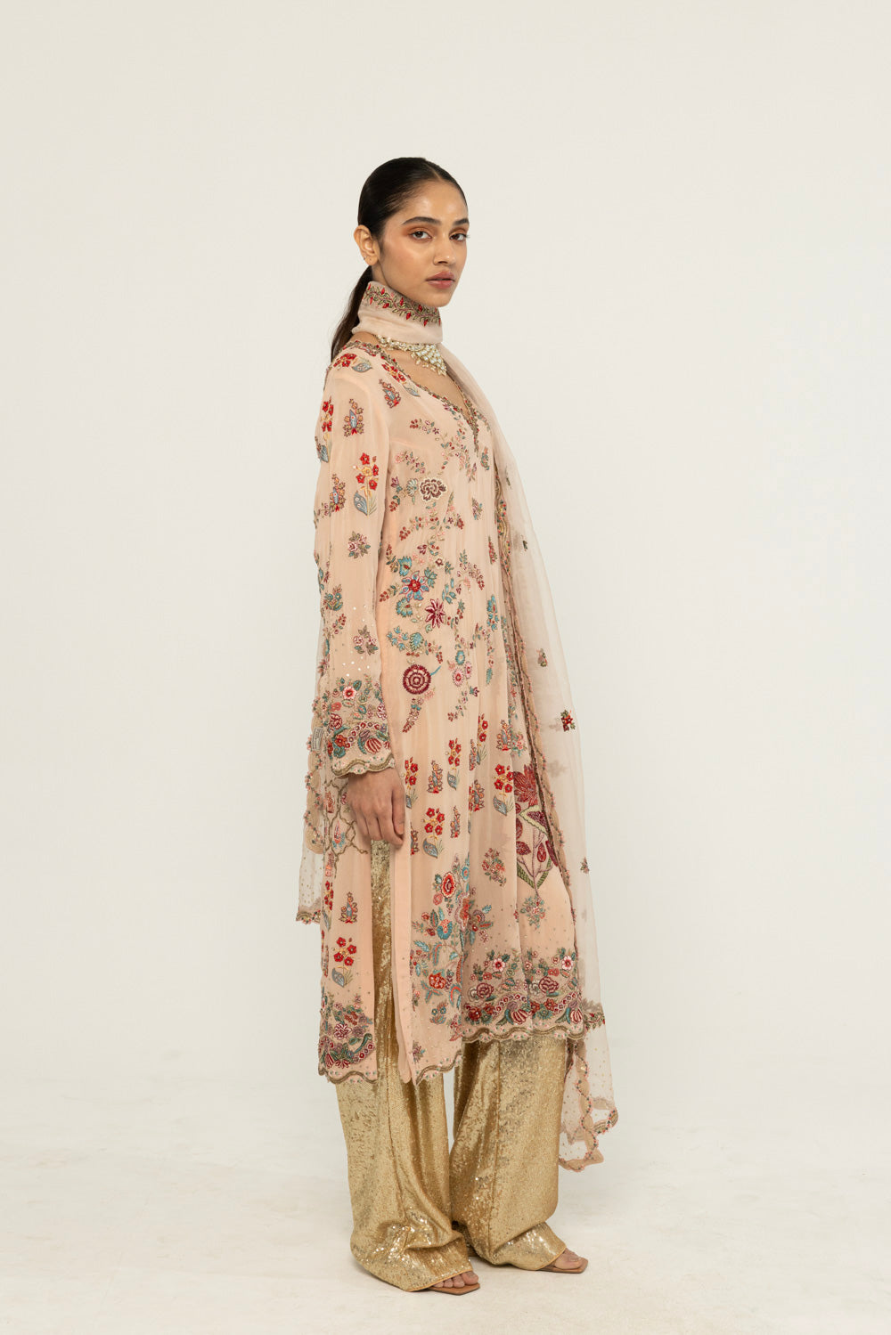 Chintz Hand-Embroidered Kurta Set in Peach